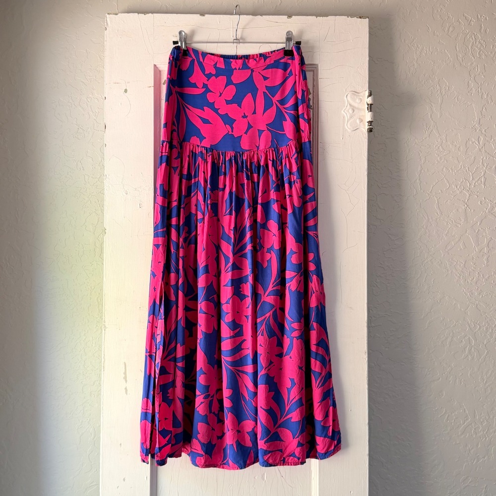 Abel the Label Pink Blue Floral Tiered Maxi Skirt XS Tropical High Slit Boho